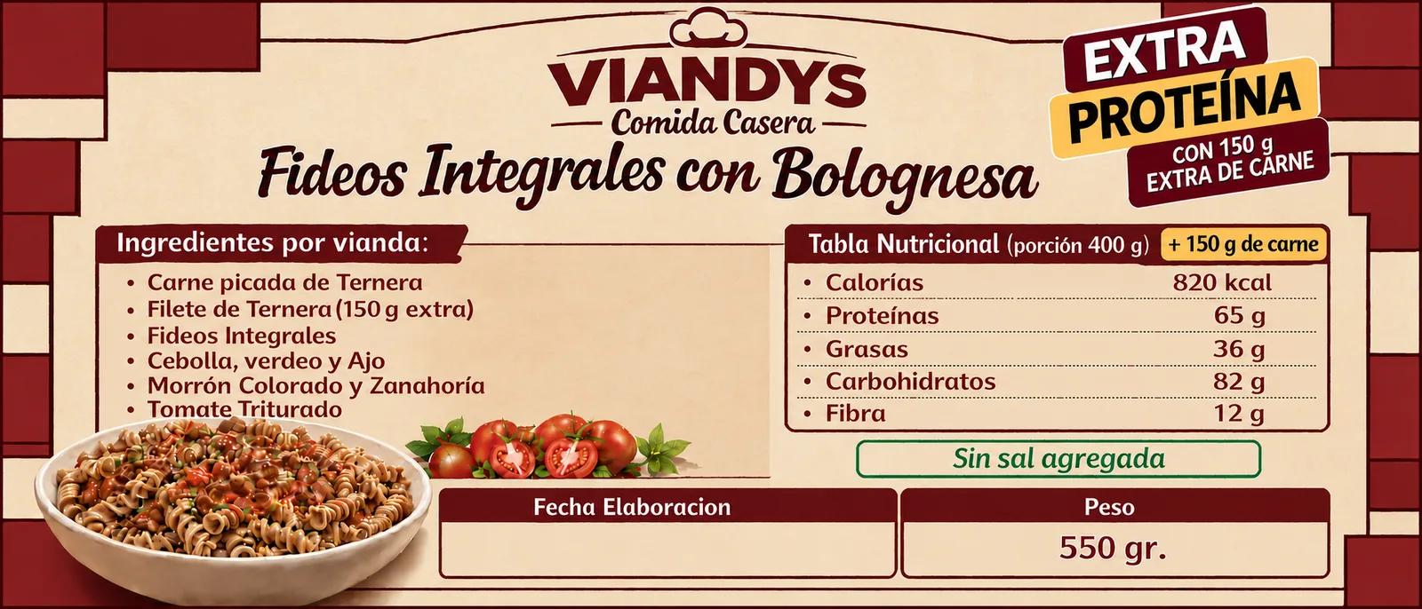Fideos integrales con bolognesa · Extra proteína