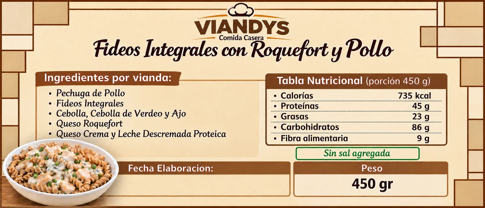 Fideos integrales con roquefort y pollo